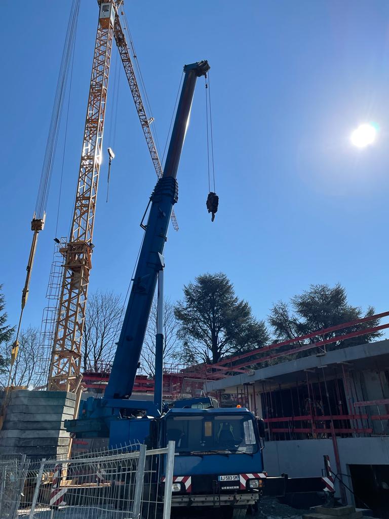Grue levant matériaux sur chantier de construction